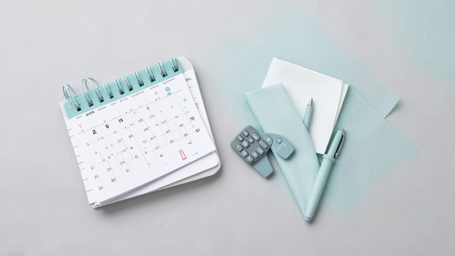 A calendar, notepad and pen arranged on a light desk