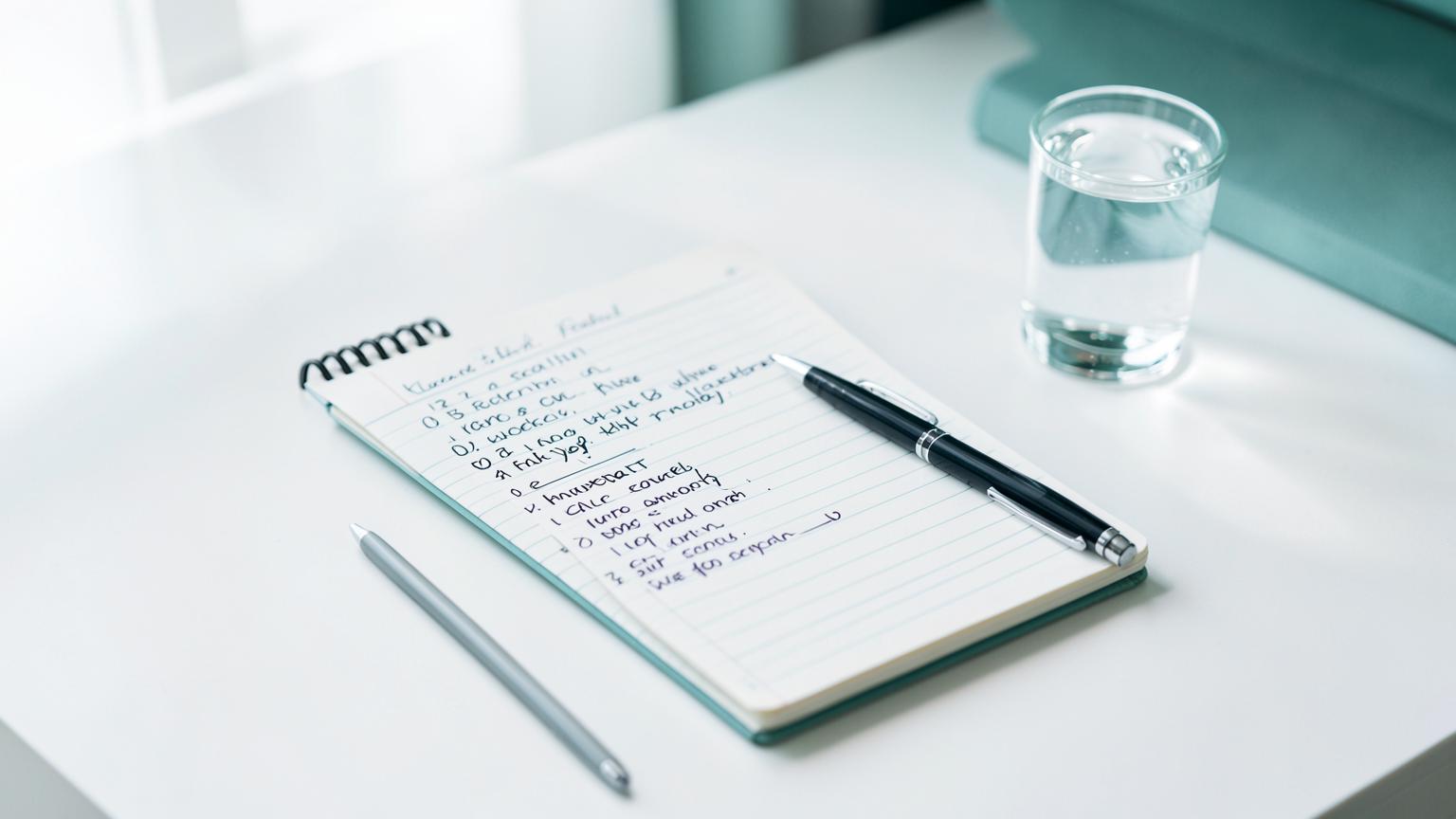 An open notebook with a handwritten checklist and a pen